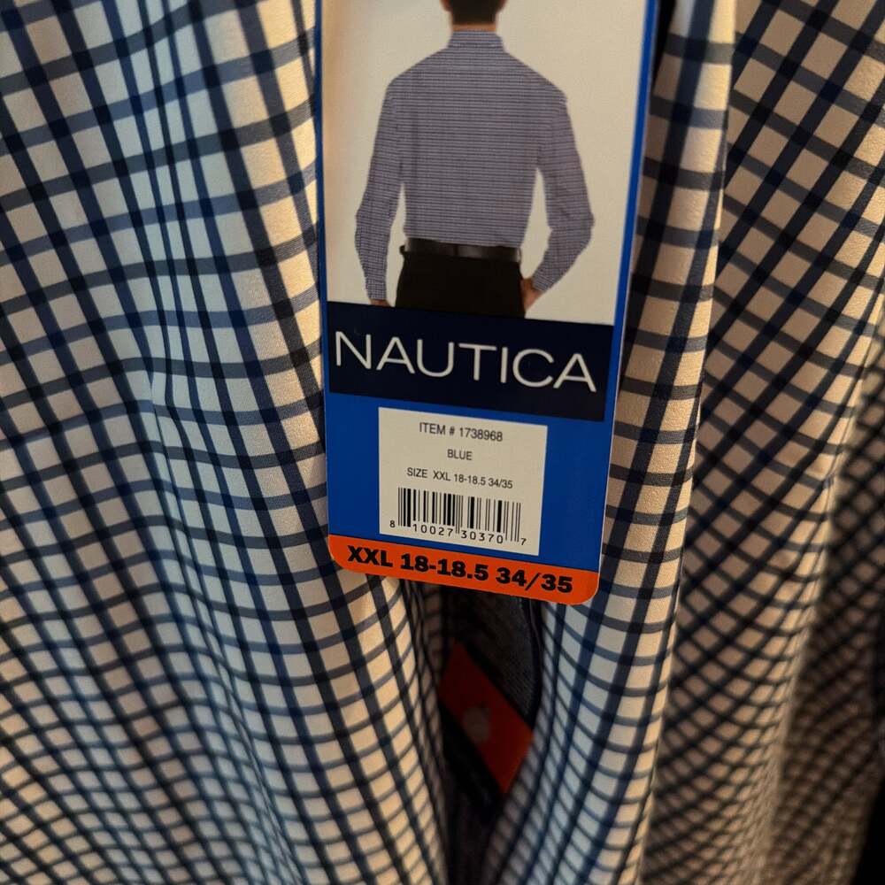 Nautica Men's Blue & White Plaid Long Sleeve Button-Up Shirt - Picture 2 of 2